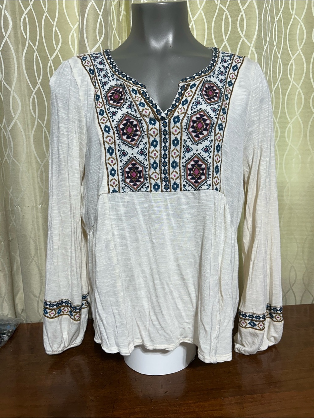 Boho Embroidered Cream Peasant Blouse with Pink & Blue Accents